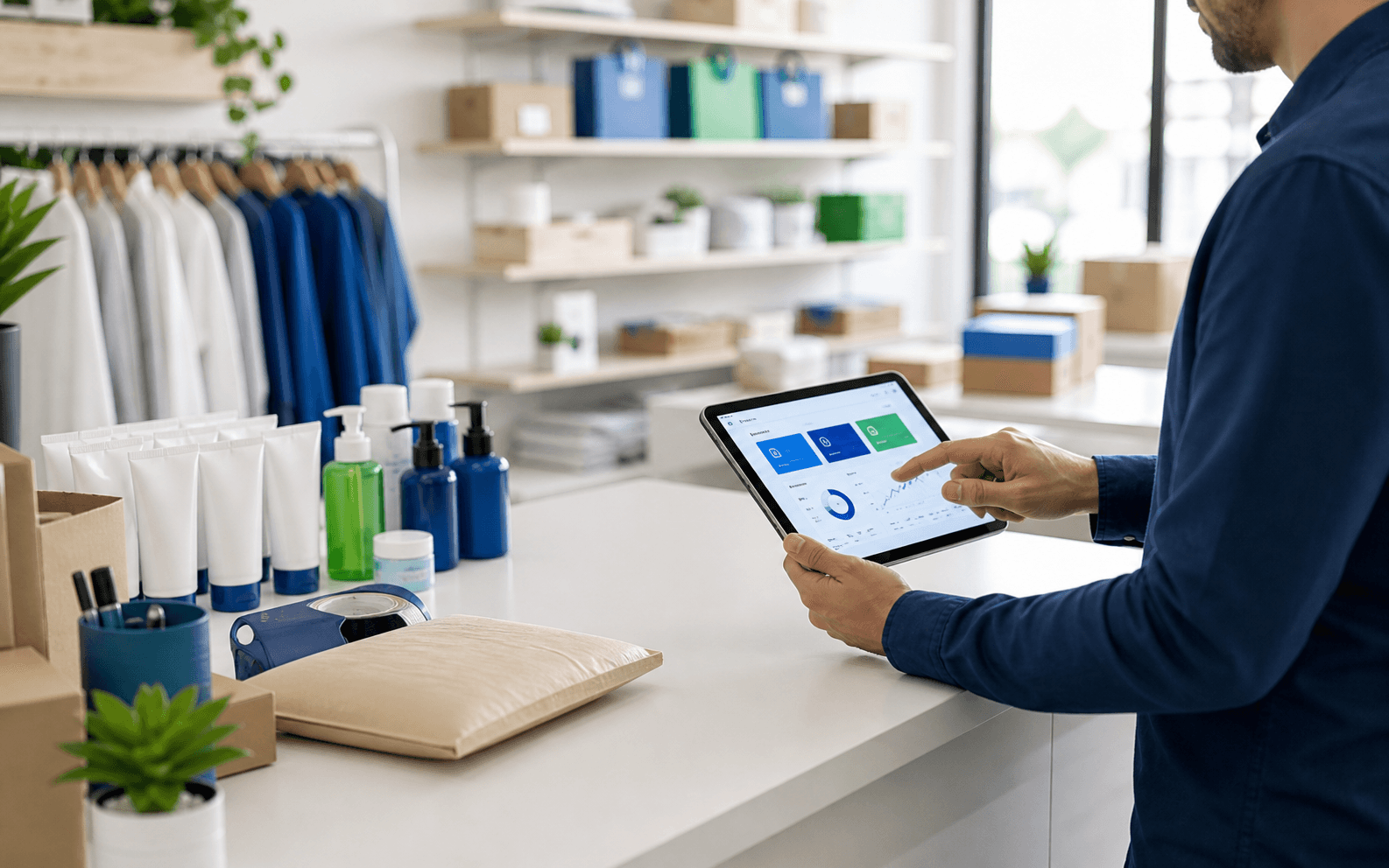 Local storefront counter with ecommerce tablet